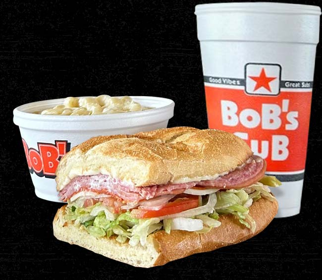 Bob's Sub combo meal with side and soda pop drink cup served in Pennsylvania restaurant.